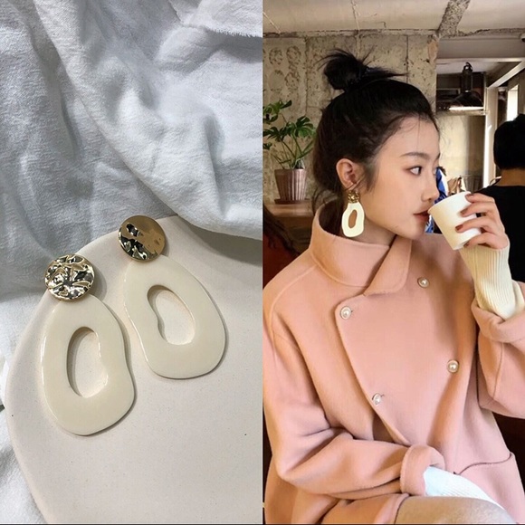 White Gold Asymmetric Statement Drop Earrings - Picture 4 of 6